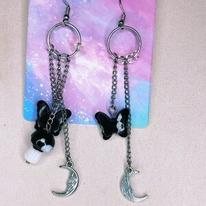 4397u. Black Mushroom Butterfly and Moon Dangle Earrings
